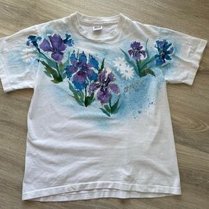 Vintage 90's Charleston Glitter Graphic Floral Purple and Blue Tshirt Grandma